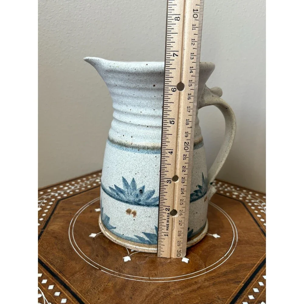 Vintage Speckled Stoneware Pottery Pitcher Vase Blue Florals Leafs Artist Signed